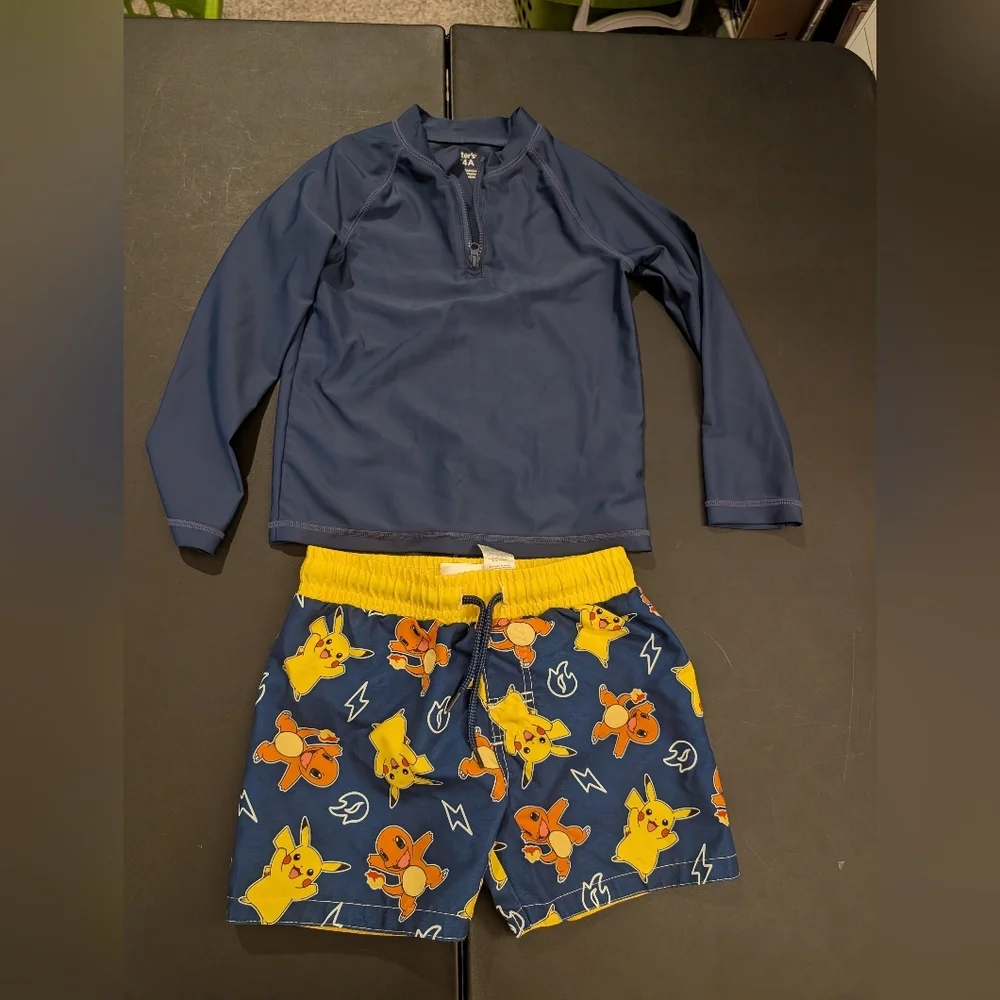 Carter's Boy Navy Blue Rash Guard & Pokemon Pikachu Swim Trucks in Size 4